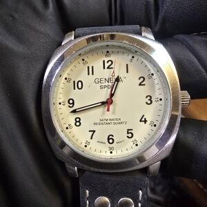 Geneva Sport Watch with Black Strap Silver Case